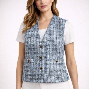 H&M Boucle Vest Size Small Blue Tweed Sleeveless Button Front New With Tags